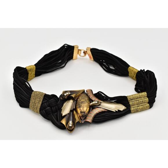 Vintage Made In Italy Waist Belt Mayan Metal Black Weaved Crystal Chunky 26" - Picture 2 of 12